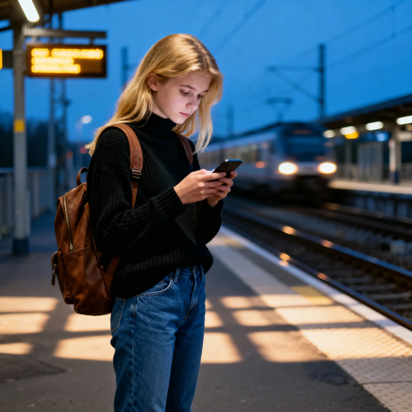 Девушка с телефоном на железнодорожной платформе в вечернем свете